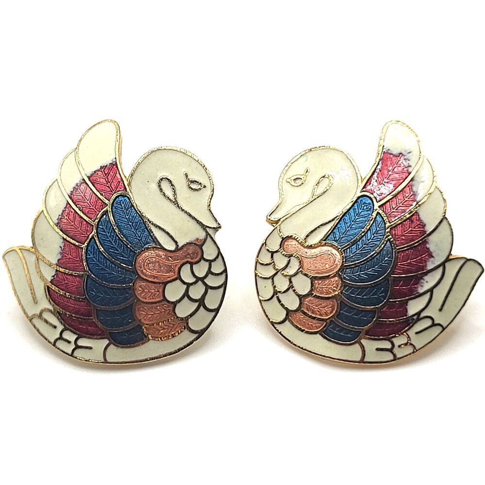 Cloisonné Pierced Earring Set colorful swan Boho Bird Art Noveau 1.25in